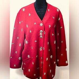 Vintage 80s Geiger Collection Austria Red Floral Embroidered Wool Cardigan 40